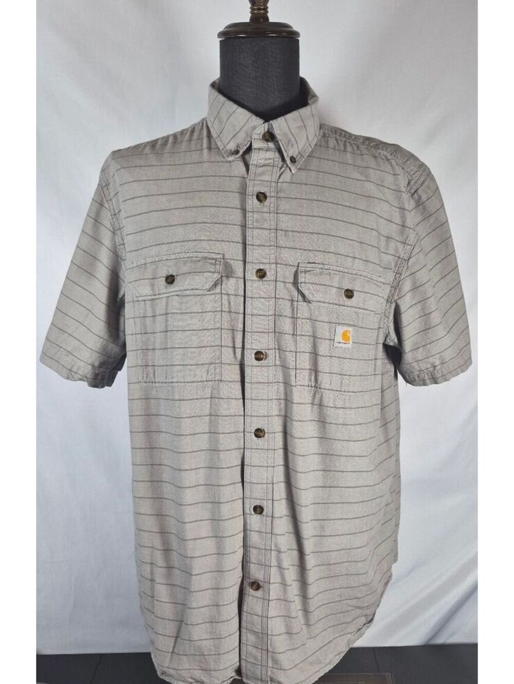 Carhartt XL Gray Striped Loose Fit Short Sleeve Work Shirt